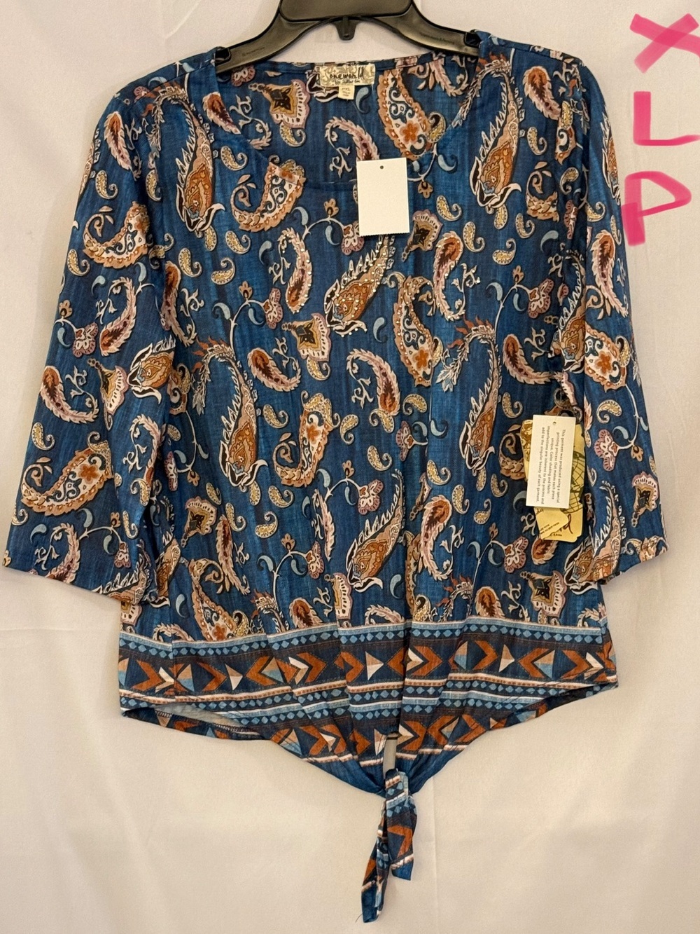 ONE WORLD Blue Paisley Tie-Front Blouse